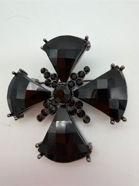 Albert Weiss Black Faceted Maltese Glass Cross Brooch